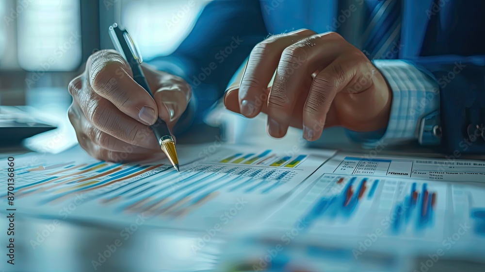 Poster close-up of a person analyzing financial data with a pen, focusing on colorful charts. represents th