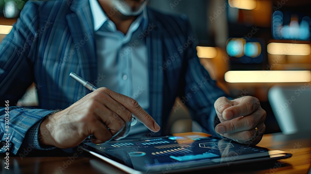 Poster a businessman using a digital tablet to analyze financial charts and graphs, emphasizing the integra
