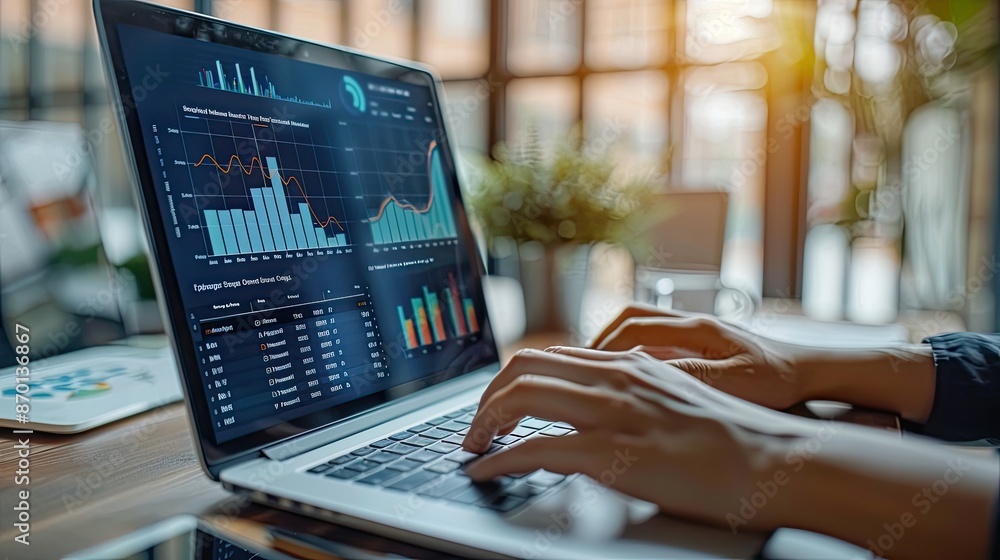 Poster hands typing on a laptop with financial charts and graphs on the screen. the bright office environme