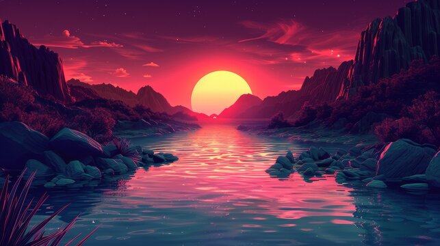 3d render, abstract futuristic neon background, pink blue fireworks over cosmic landscape, glowing rectangular frame, ultraviolet light, virtual reality space, energy source, mountains, rocks, - Powered by Adobe