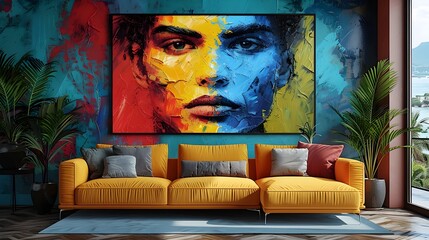 Abstract Expressionist Living Room Wall Poster Mockup with Textural Monochrome Brushwork