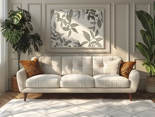 Botanically Inspired 3D Rendered Living Room Wall Poster Mockup with Organic Textures and Vibrant