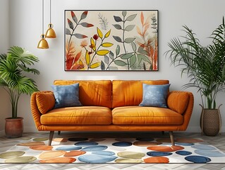 A 3D Rendered Botanical Line Drawing Wall Poster Mockup with Vibrant Nature Inspired Colors and