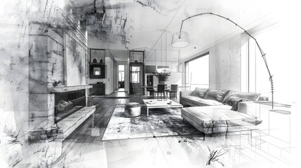 Minimalist Architectural Sketch of Cozy Living Room with Fireplace Wall Poster Mockup