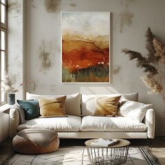 Minimalist Abstract Landscape Painting Wall Poster Mockup with Natural Textures and Soft Shadows