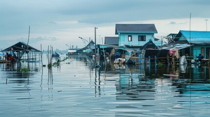 A coastal village partially submerged in floodwaters, with makeshift barriers and residents evacuating.