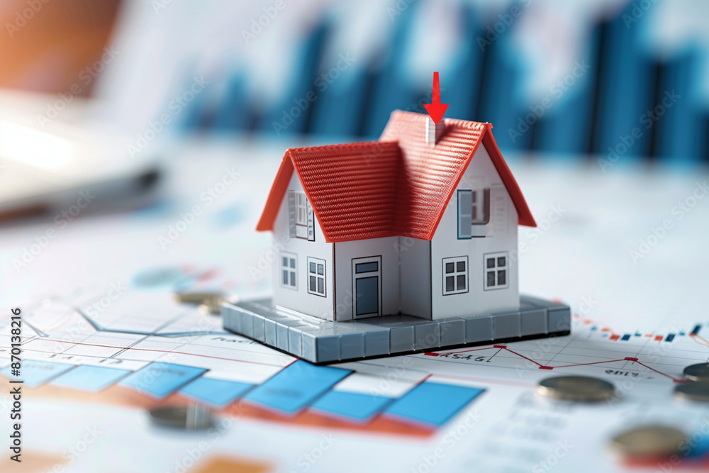 Poster small model house is placed on top of a graph paper with a red arrow pointing to the roof