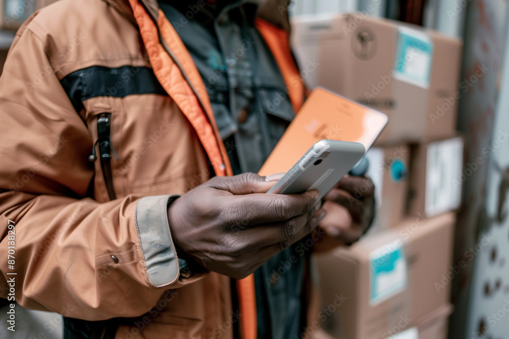 Poster man in a brown jacket is looking at his phone while standing in front of a stack of boxes