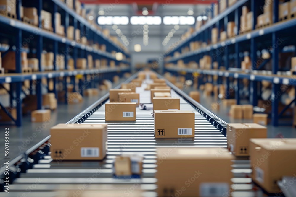 Poster conveyor belt in a warehouse with boxes on it. the boxes are brown and are stacked on top of each ot