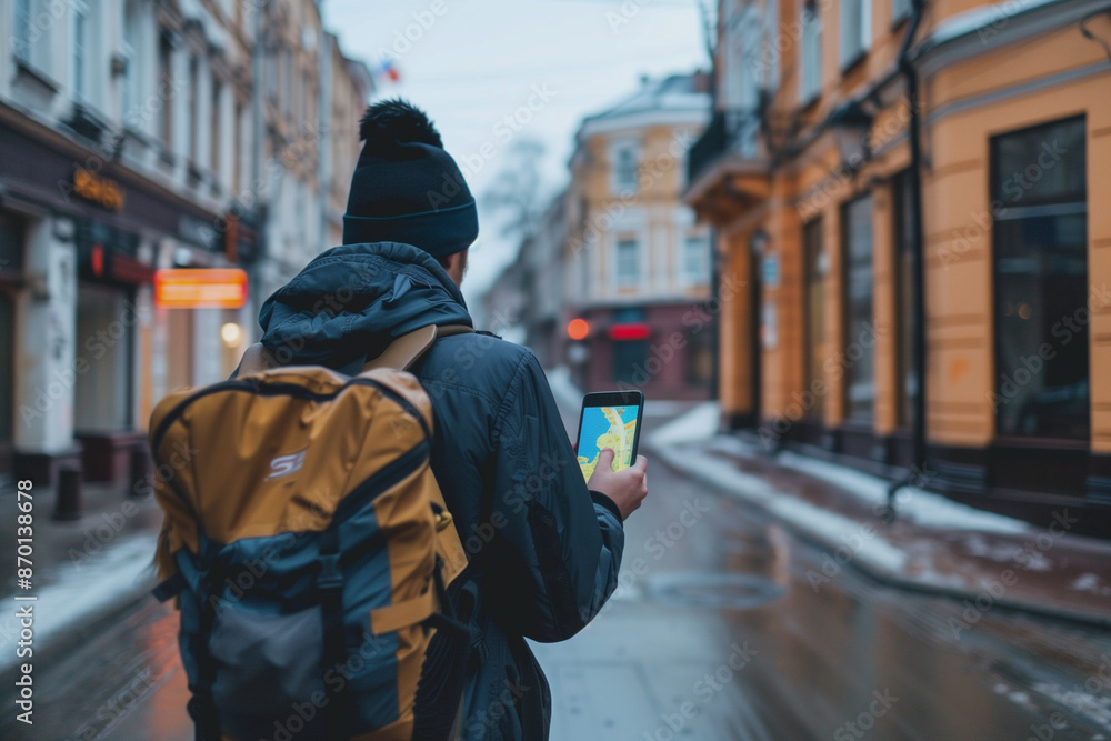 Poster man in a jacket is looking at his phone while walking down the street. he is using a map app to navi