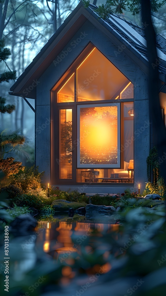 Poster futuristic floating holographic frame mockup in smart home setting