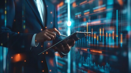 Executive in a business suit viewing financial growth charts on a tablet with digital overlays, set in a high tech office with a futuristic atmosphere