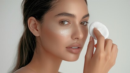 portrait of close-up images showcasing a young woman with flawless skin applying skincare products.