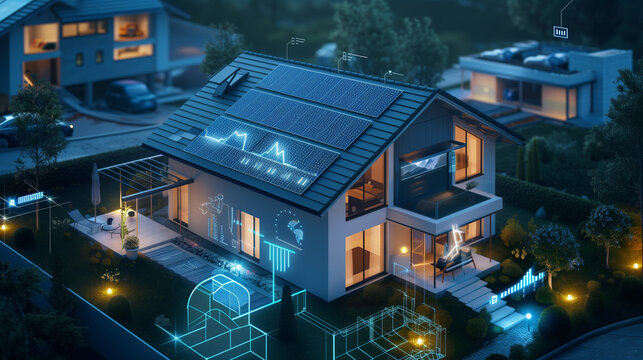 A modern house with solar panels on the roof, surrounded by digital graphs and charts showing energy data from the EU - Powered by Adobe