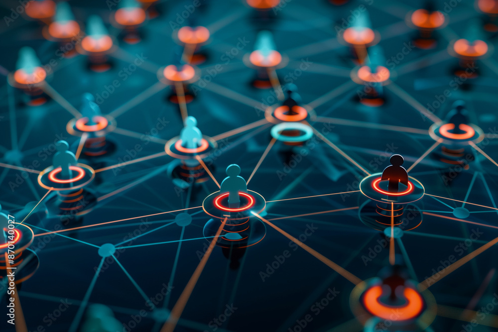 Poster blue and orange image of people connected by lines. The image is of a network of people, with each person represented by a circle. The circles are connected by lines, creating a web-like pattern