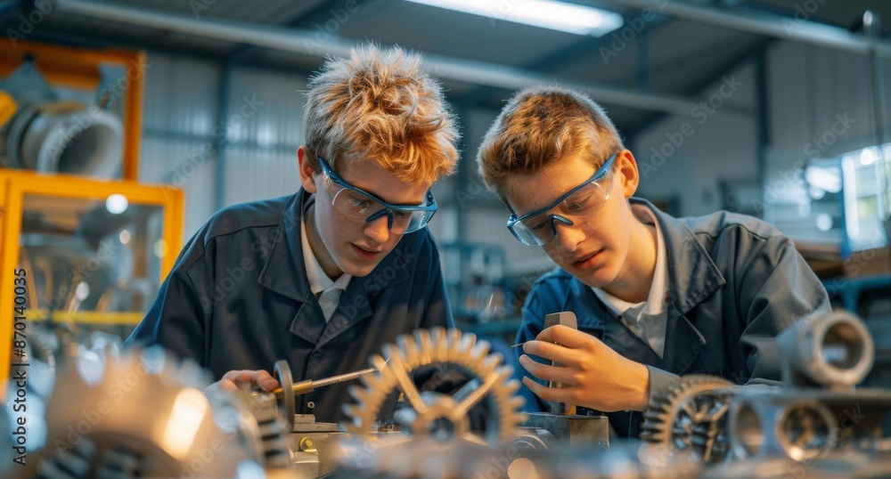 Poster two young students working on a robotics project in a science lab