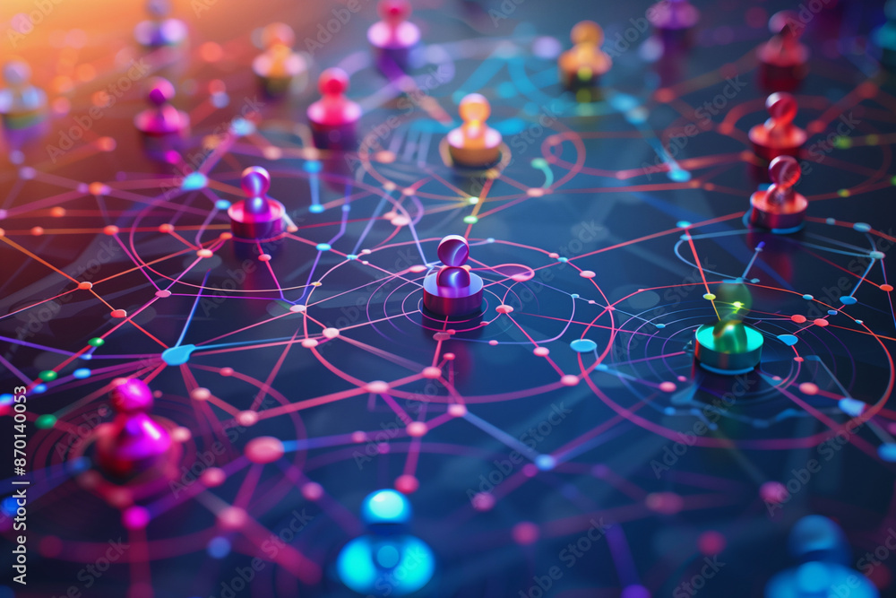 Poster blue and orange image of people connected by lines. The image is of a network of people, with each person represented by a circle. The circles are connected by lines, creating a web-like pattern