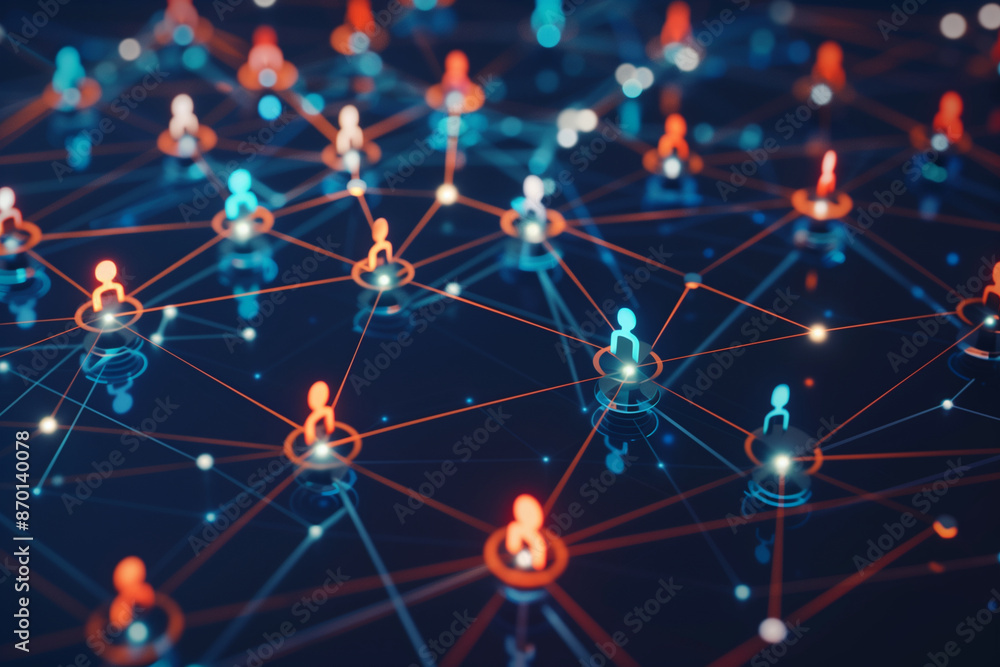 Poster blue and orange image of people connected by lines. the image is of a network of people, with each p
