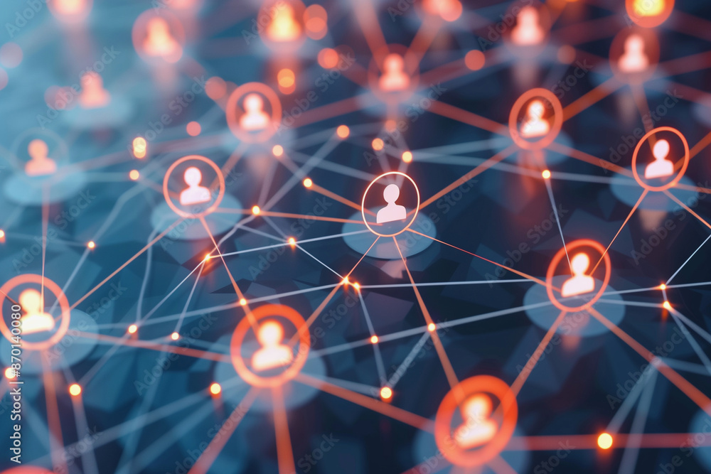 Poster blue and orange image of people connected by lines. the image is of a network of people, with each p