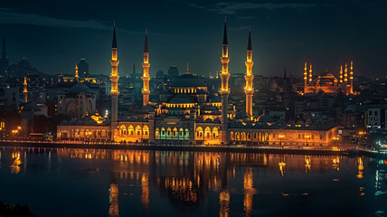 Obraz premium Illuminated minarets rise at famous Blue Mosque, AI Generative.