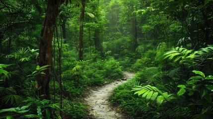 Fototapeta premium A dense forest with a clear path winding through, representing clarity and direction amidst chaos.