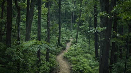 Fototapeta premium A dense forest with a clear path winding through, representing clarity and direction amidst chaos.