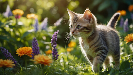 Fototapeta premium A playful kitten chasing a butterfly