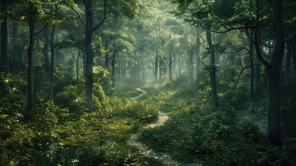 Fototapeta premium A dense forest with a clear path winding through, representing clarity and direction amidst chaos.