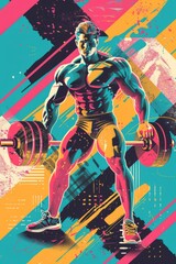 Muscular man lifting weights, colorful abstract background.