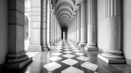 black and white photo of a long hallway with pillars