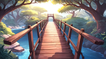Fototapeta premium Wooden bridge, Illustration, cartoon background 
