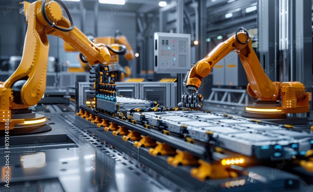 Aufkleber industrial robotic arms working on a production line in a high-tech factory setting