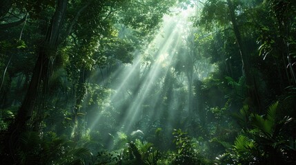 Obraz premium A dense forest with a single ray of sunlight piercing through the canopy, highlighting hope in darkness.