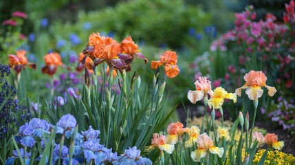Irises stand tall in the garden, their unique shapes and rich colors adding a touch of drama to the landscape.