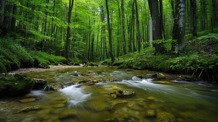 Obraz premium A dense forest with a single, clear stream flowing through, illustrating purity and the journey of life.