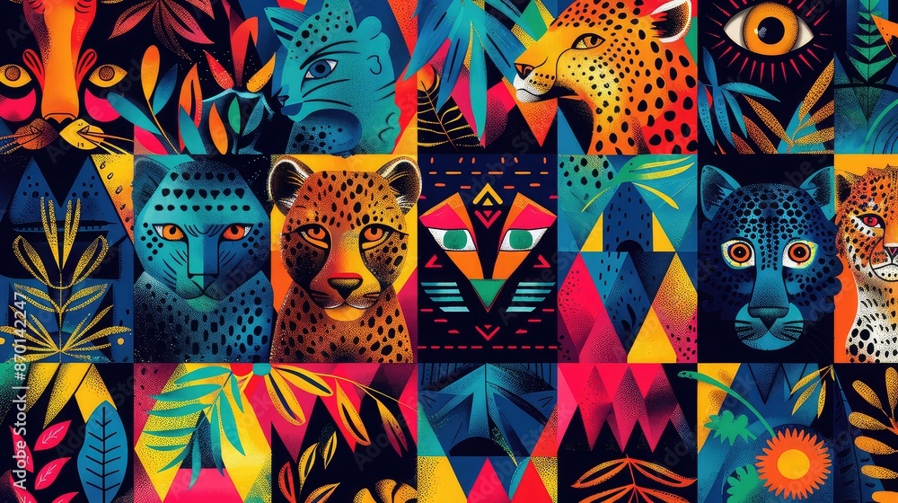 Poster triangular patterns with animal figures, vibrant and lively for textile and pattern design