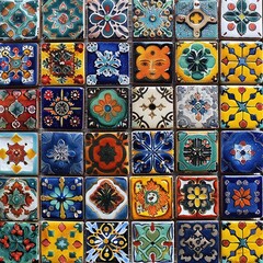 Mexican Talavera tiles combined with Moroccan zellige patterns, bursting in an explosion of color and detail