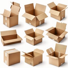 Fototapeta premium Collection of cartons in various positions, showing open and closed states, perfect for packaging design, isolated on transparent PNG background