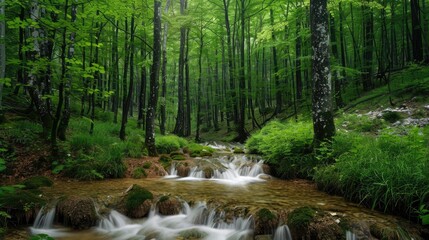 Obraz premium A dense forest with a single, clear stream flowing through, illustrating purity and the journey of life.