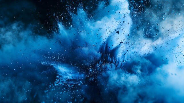 A blue explosion with a lot of blue and white particles. The blue color is dominant and the white color is scattered throughout the image. Scene is intense and chaotic, as if something powerful