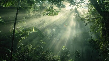 A dense, misty forest with sunlight breaking through, representing hope and clarity amidst confusion.