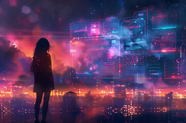Fototapeta premium A woman standing in front of a city at night, illuminated by neon lights.