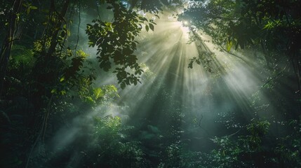 A dense, misty forest with sunlight breaking through, representing hope and clarity amidst confusion.