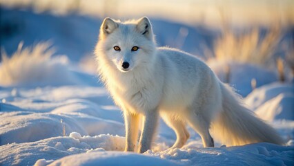 Majestic white arctic fox with piercing yellow eyes stands alertly in snowy winter tundra landscape, fur fluffed against freezing winds.