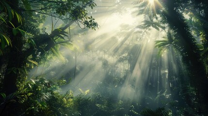 A dense, misty forest with sunlight breaking through, representing hope and clarity amidst confusion.
