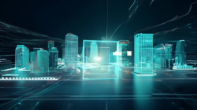 Glowing cityscape of transparent blue-green skyscrapers on dark background. Illuminated grid lines connect buildings, suggesting advanced network. 