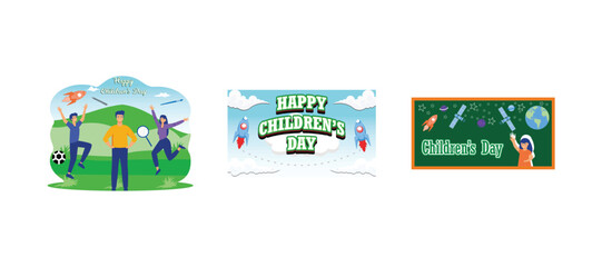 International Children Day. Premium Happy Children Day Traditional template style editable text effects. International or universal children day concept. Set flat vector modern illustration