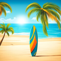 beach with palm trees and surfboard