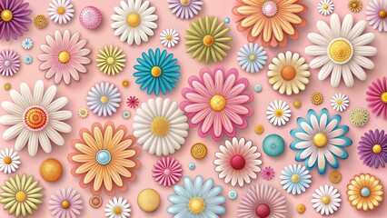 Vibrant, cheerful, and stylized daisy flower icons in various shapes and sizes scattered against a soft, pastel pink background.
