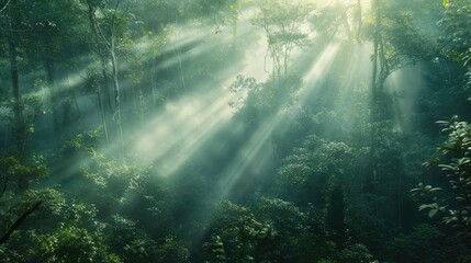 A dense, misty forest with sunlight breaking through, representing hope and clarity amidst confusion.